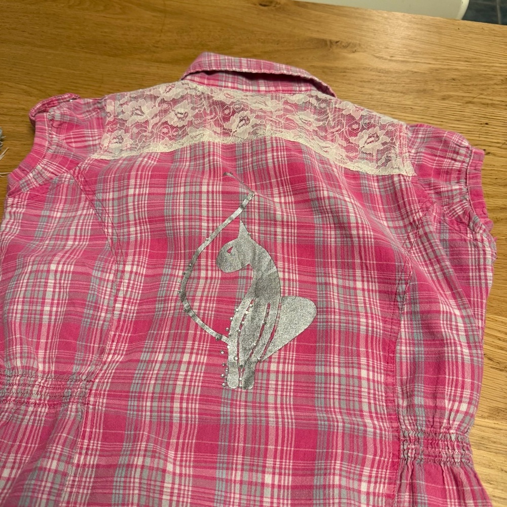 Baby Phat Y2K Pink Plaid Lace Button Front Top Size M - Picture 11 of 12